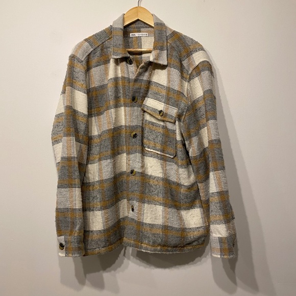 Zara Cream and Grey Plaid Lined Oversized Button Front Shacket - Picture 1 of 5